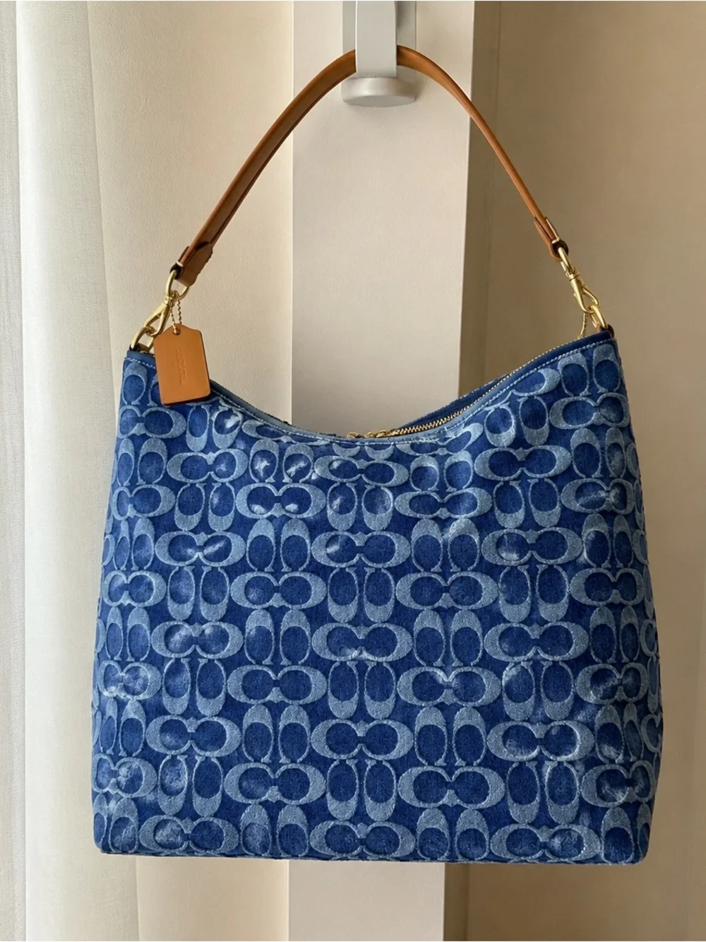 Coach Blue Signature Jacquard Hobo with Tan Leather Strap